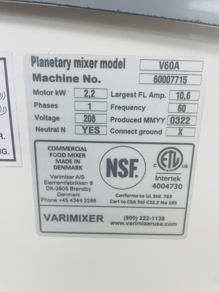 Varimix V60A Food Mixer 60 quart variable speed white powder coat finish