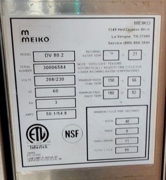 MEIKO DV 80.2 VENTLESS DISHWASHER 