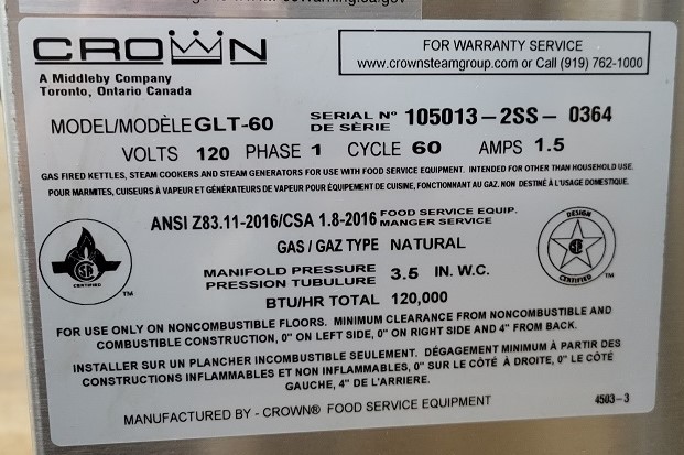 CROWN GLT-60 Tilting Kettle - 60 Gallon - Natural Gas